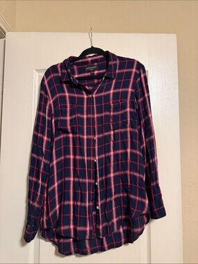 Banana Republic Factory Navy, Red and White Plaid Button-Up Shirt